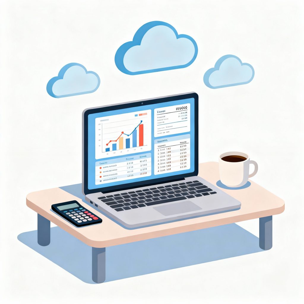 Illustration of a laptop displaying financial charts and expense lists, with cloud icons above it and a desk holding a coffee cup and calculator.