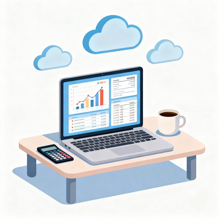 Illustration of a laptop displaying financial charts and expense lists, with cloud icons above it and a desk holding a coffee cup and calculator.