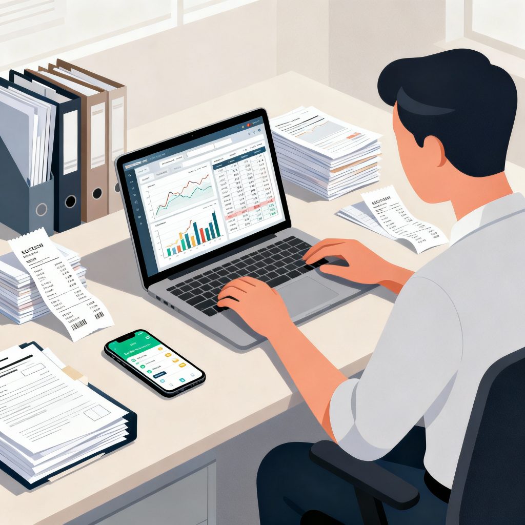 Illustration of an accountant working on a laptop with financial software, alongside a smartphone app, receipts, and organized documents on a desk.